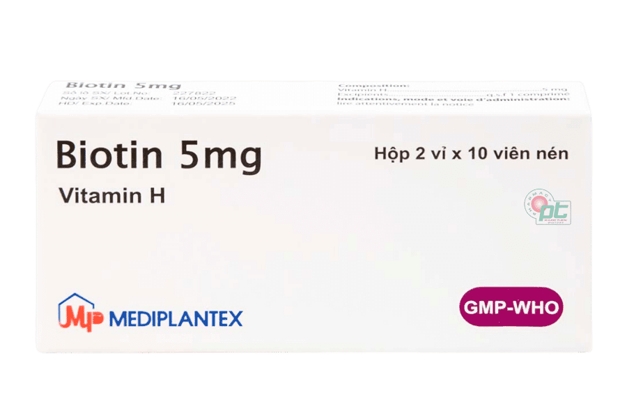 Biotin 5mg Mediplantex (Hộp/ 20 viên) - Hỗ trợ điều trị viêm da, mọc tóc