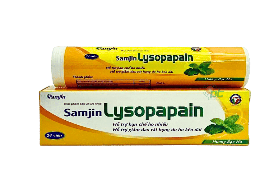 Viên ngậm Samjin Lysopapain (Hộp/ 24 viên) - Hạn chế ho nhiều, giảm đau rát họng