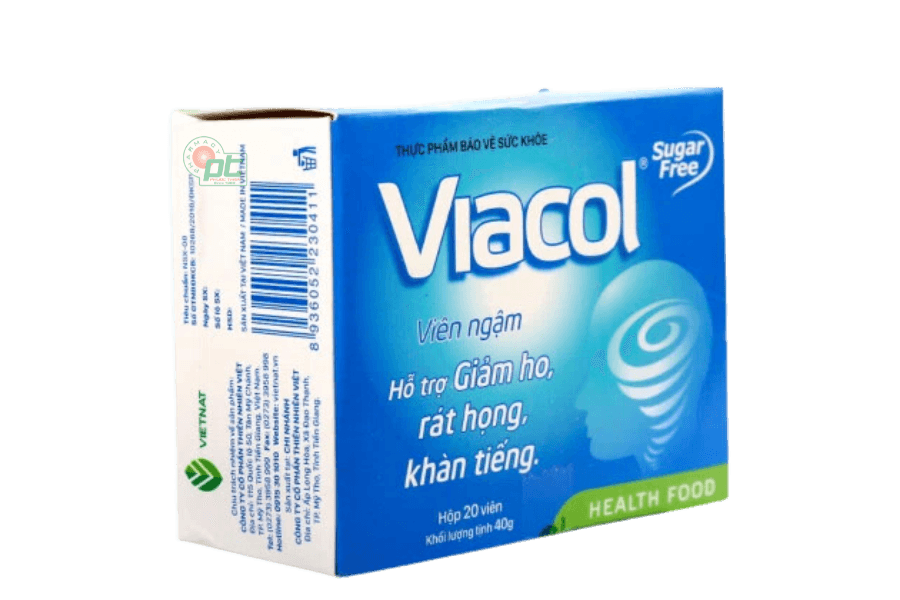Viên ngậm không đường Viacol hỗ trợ giảm ho, khàn tiếng, rát họng (hộp 20 viên)