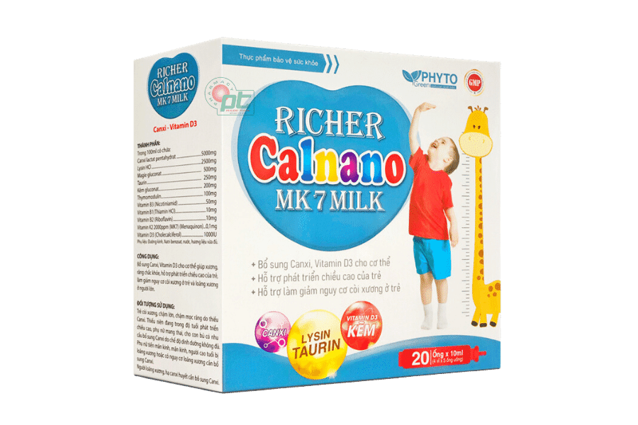 Richer Calnano MK7 Milk (Hộp/ 20 ống) - Bổ Sung Canxi, hỗ trợ phát triển chiều cao cho trẻ